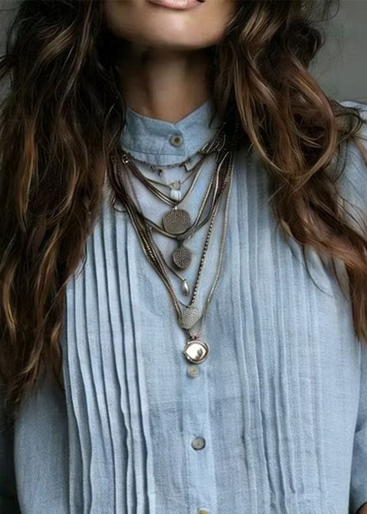 Plus Size Blue Stand Collar Wrinkled Linen Shirt Top Summer