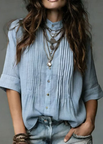 Plus Size Blue Stand Collar Wrinkled Linen Shirt Top Summer