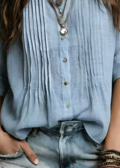 Plus Size Blue Stand Collar Wrinkled Linen Shirt Top Summer