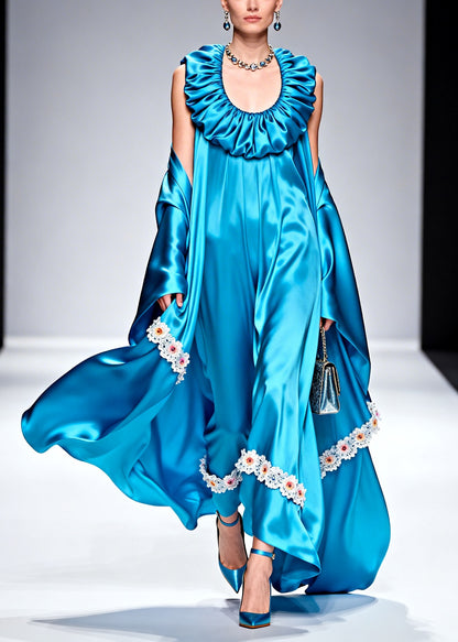 Plus Size Blue U Neck Patchwork Flower Silk Robe Dresses Summer