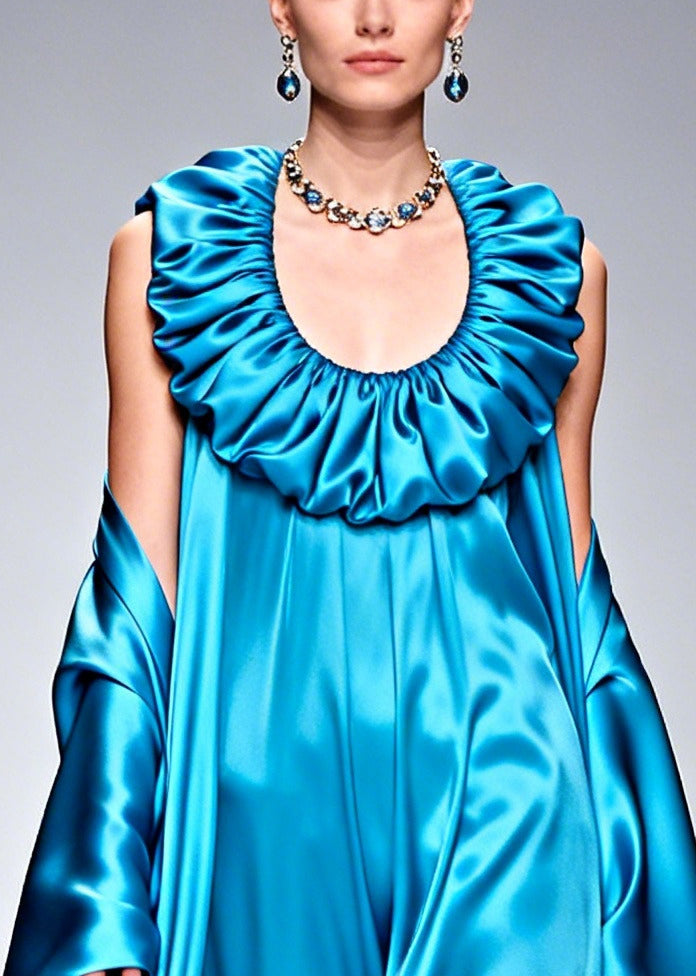 Plus Size Blue U Neck Patchwork Flower Silk Robe Dresses Summer