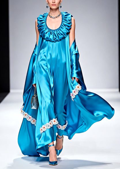 Plus Size Blue U Neck Patchwork Flower Silk Robe Dresses Summer