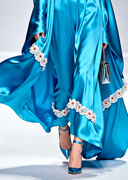Plus Size Blue U Neck Patchwork Flower Silk Robe Dresses Summer