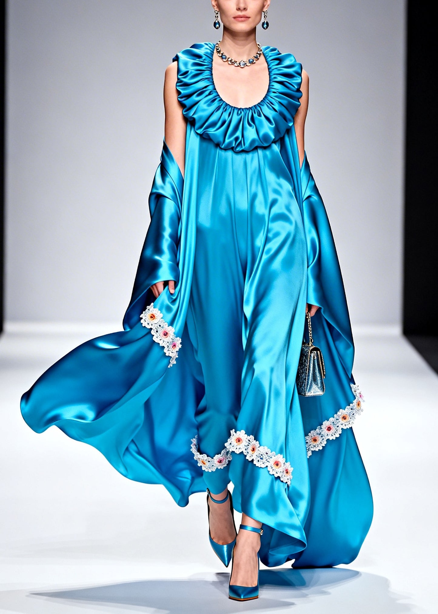 Plus Size Blue U Neck Patchwork Flower Silk Robe Dresses Summer