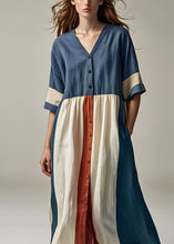 Load image into Gallery viewer, Plus Size Blue V Neck Button Patchwork Cotton Dresses Summer