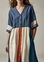 Load image into Gallery viewer, Plus Size Blue V Neck Button Patchwork Cotton Dresses Summer