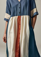 Load image into Gallery viewer, Plus Size Blue V Neck Button Patchwork Cotton Dresses Summer