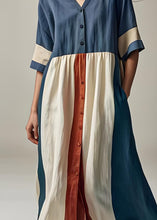 Load image into Gallery viewer, Plus Size Blue V Neck Button Patchwork Cotton Dresses Summer