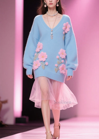 Plus Size Blue V Neck Floral Knit Pullover Winter