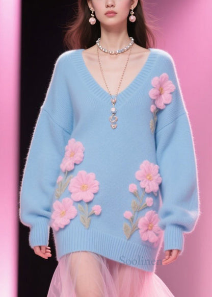 Plus Size Blue V Neck Floral Knit Pullover Winter