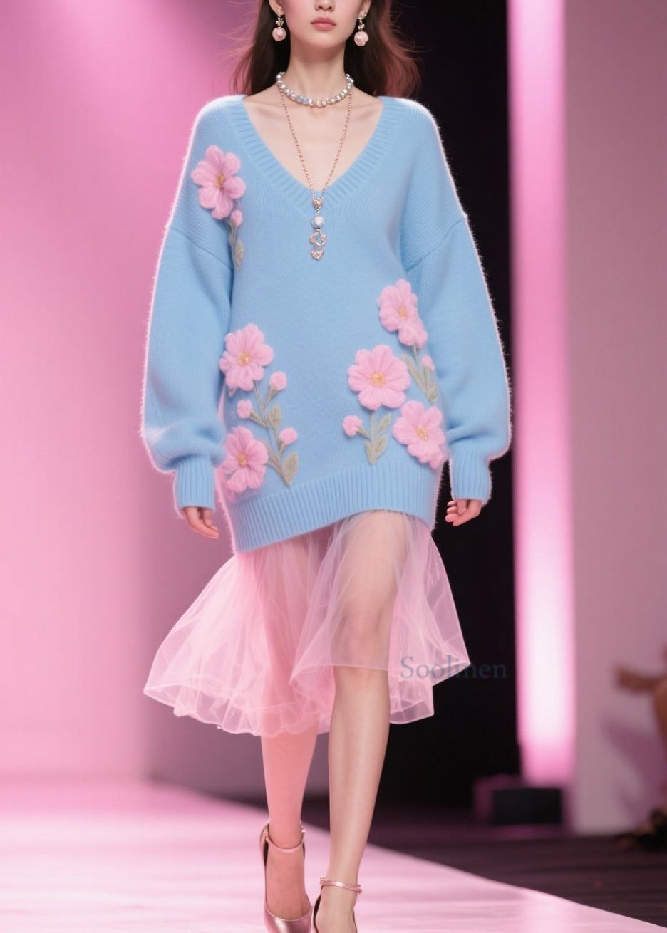 Plus Size Blue V Neck Floral Knit Pullover Winter