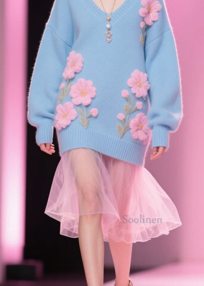 Plus Size Blue V Neck Floral Knit Pullover Winter