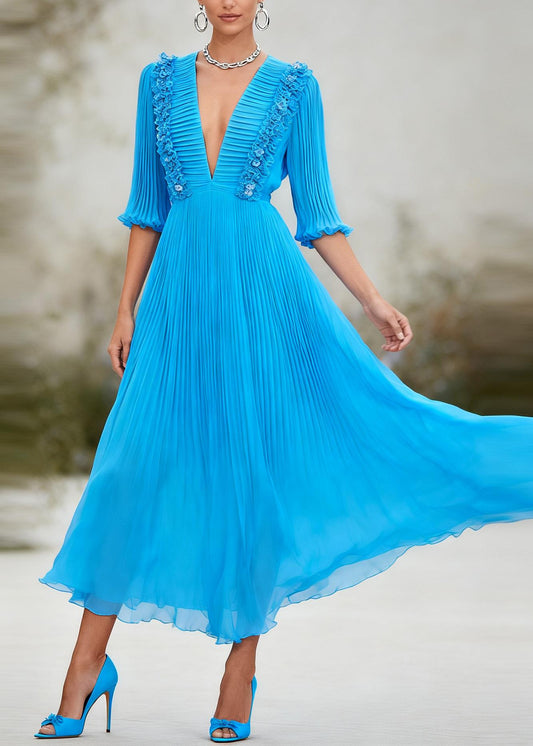 Plus Size Blue V Neck Floral Patchwork Chiffon Ankle Dress Summer
