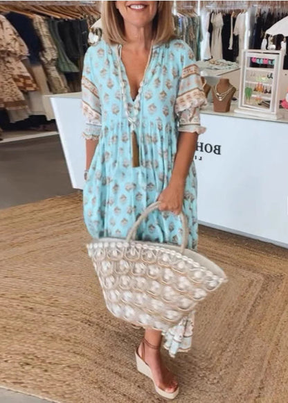Plus Size Blue V Neck Print Patchwork Cotton Dress Summer