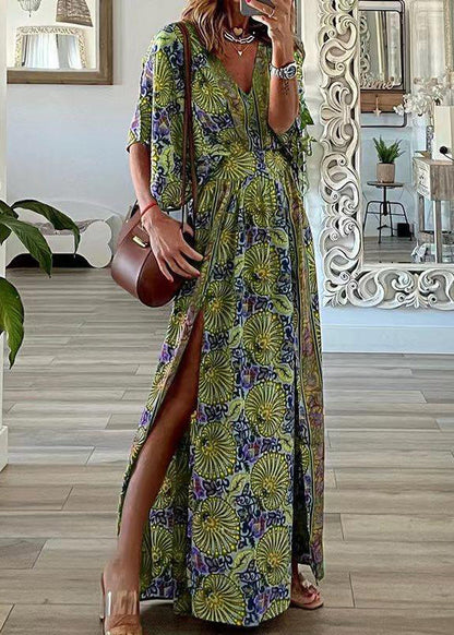 Plus Size Blue V Neck Print Side Open Cotton Maxi Dresses Summer