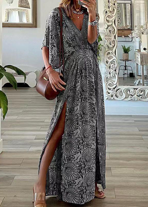 Plus Size Blue V Neck Print Side Open Cotton Maxi Dresses Summer