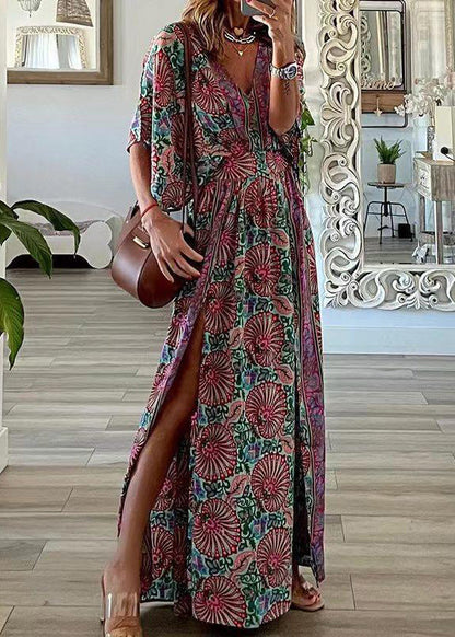 Plus Size Blue V Neck Print Side Open Cotton Maxi Dresses Summer