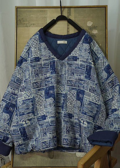 Plus Size Blue V Neck Print Thick Fine Cotton Filled Jacket Winter