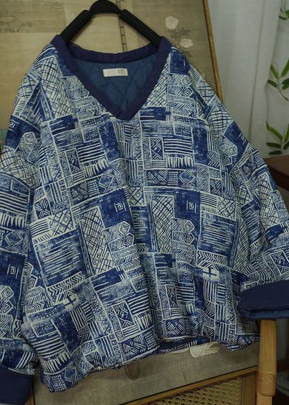Plus Size Blue V Neck Print Thick Fine Cotton Filled Jacket Winter