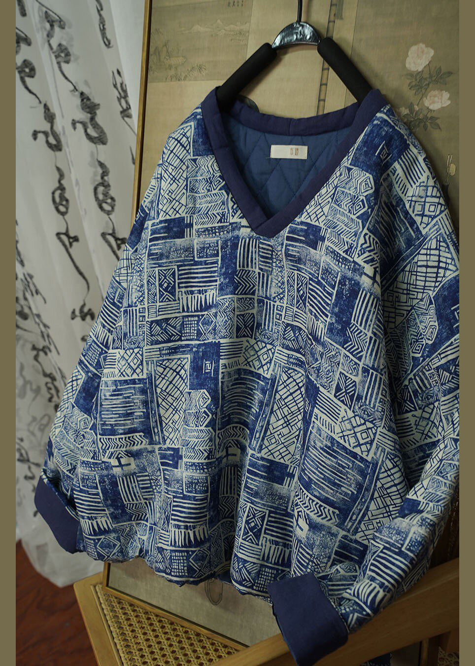 Plus Size Blue V Neck Print Thick Fine Cotton Filled Jacket Winter