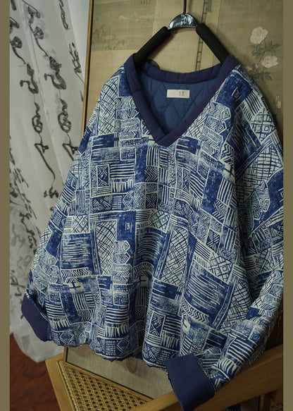 Plus Size Blue V Neck Print Thick Fine Cotton Filled Jacket Winter