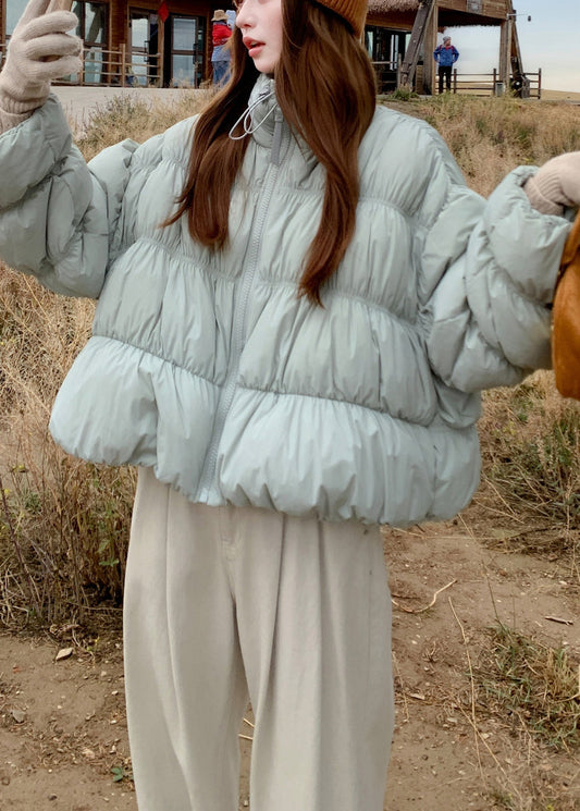Plus Size Blue Wrinkled Drawstring Duck Down Puffer Coat Winter
