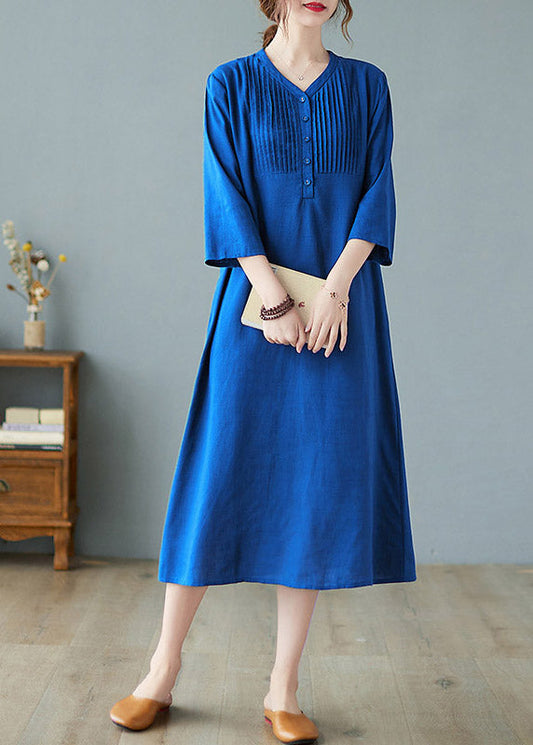 Plus Size Blue Wrinkled Linen Long Dresses Half Sleeve