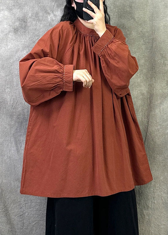 Plus Size Brick Red Stand Collar Cotton Pullover Tops Fall