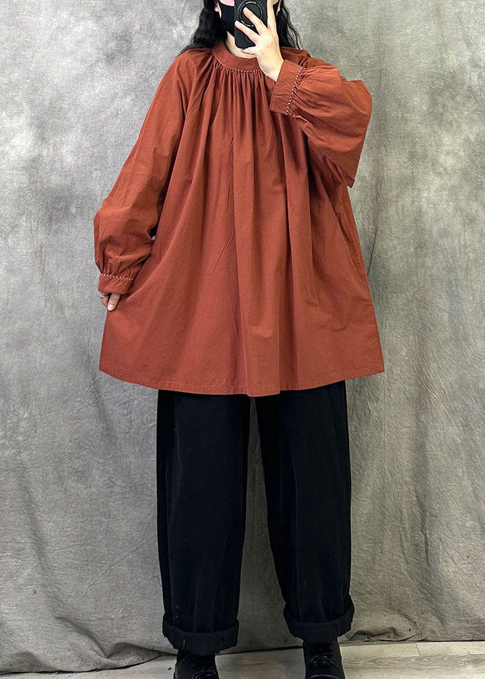 Plus Size Brick Red Stand Collar Cotton Pullover Tops Fall