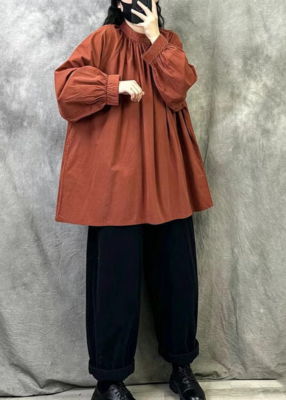Plus Size Brick Red Stand Collar Cotton Pullover Tops Fall