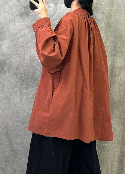 Plus Size Brick Red Stand Collar Cotton Pullover Tops Fall