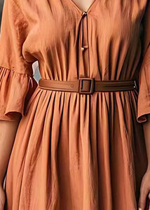 Plus Size Brick Red V Neck Tie Waist Cotton Long Dresses Summer