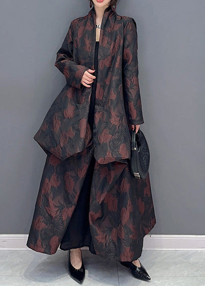 Plus Size Brown Asymmetrical Jacquard Patchwork Cotton Cardigan Fall