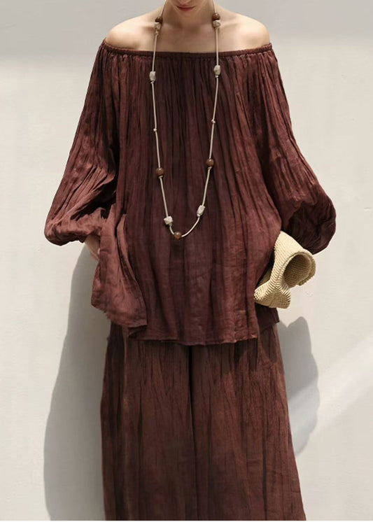 Plus Size Brown Cold Shoulder Wrinkled Linen Two Piece Suit Set Summer