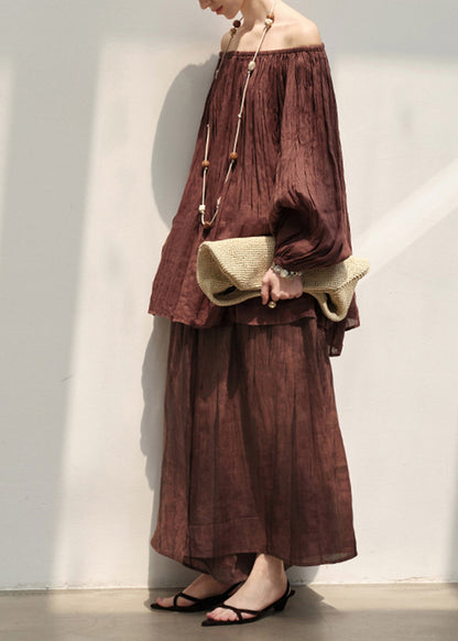 Plus Size Brown Cold Shoulder Wrinkled Linen Two Piece Suit Set Summer