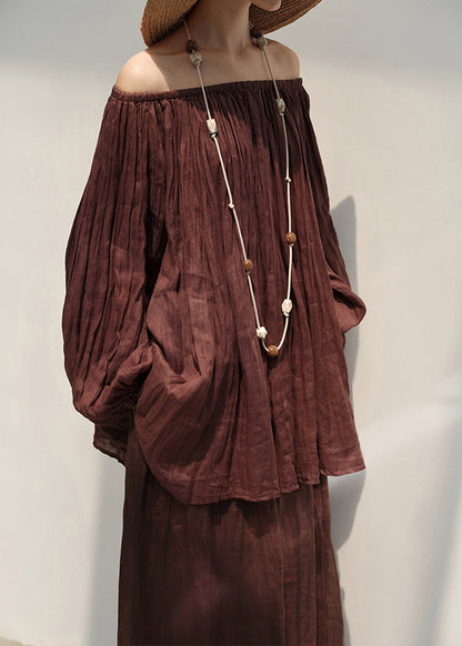 Plus Size Brown Cold Shoulder Wrinkled Linen Two Piece Suit Set Summer