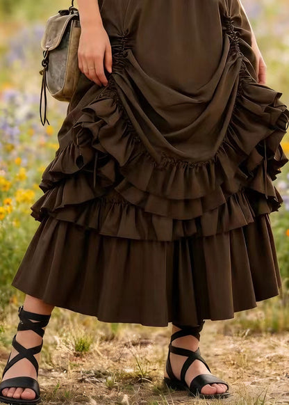 Plus Size Brown Drawstring Ruffled Patchwork Cotton Skirt Spring
