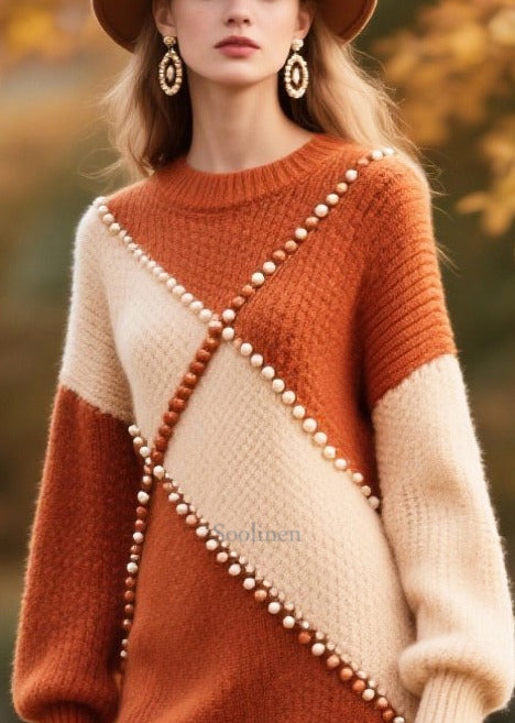 Plus Size Brown Nail Bead Patchwork Faux Fur Knitwear Dress Winter