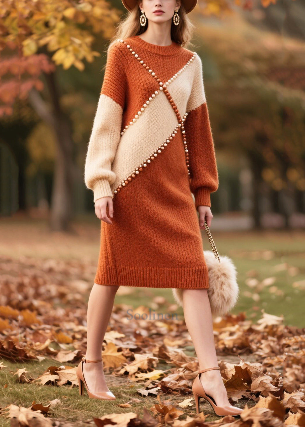 Plus Size Brown Nail Bead Patchwork Faux Fur Knitwear Dress Winter