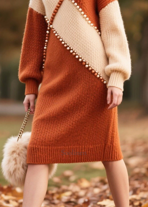 Plus Size Brown Nail Bead Patchwork Faux Fur Knitwear Dress Winter