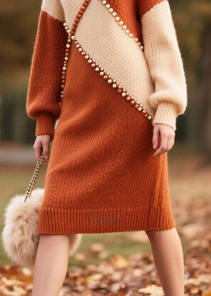 Plus Size Brown Nail Bead Patchwork Faux Fur Knitwear Dress Winter