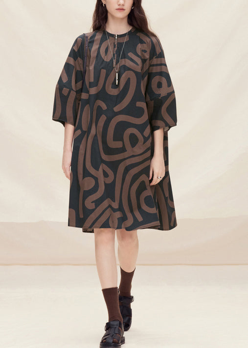 Plus Size Brown O Neck Print Cotton Mid Dress Lantern Sleeve