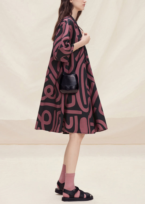 Plus Size Brown O Neck Print Cotton Mid Dress Lantern Sleeve