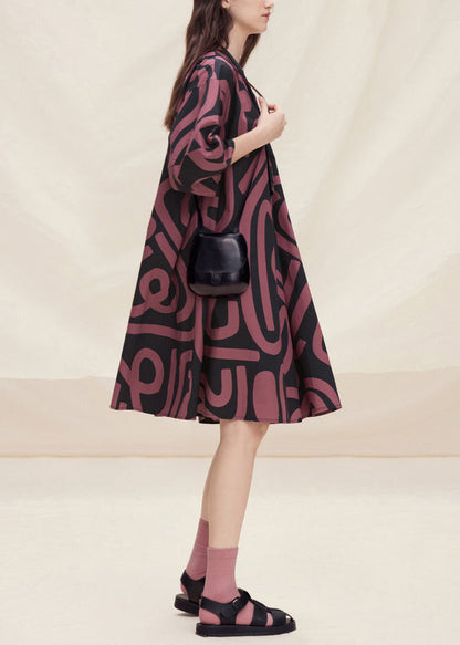 Plus Size Brown O Neck Print Cotton Mid Dress Lantern Sleeve