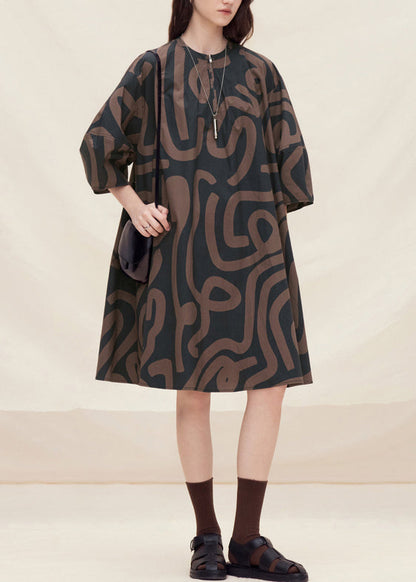 Plus Size Brown O Neck Print Cotton Mid Dress Lantern Sleeve