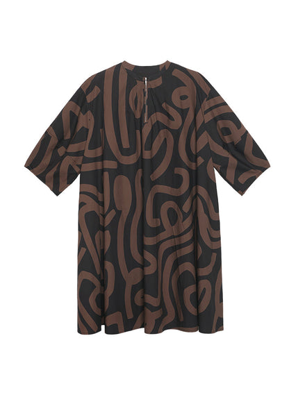 Plus Size Brown O Neck Print Cotton Mid Dress Lantern Sleeve