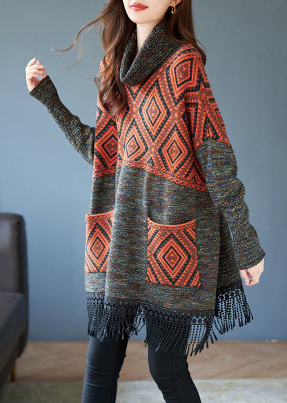 Plus Size Brown Turtle Neck Tasseled Print Knit Sweater Dress Fall