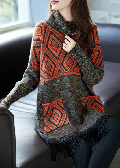 Plus Size Brown Turtle Neck Tasseled Print Knit Sweater Dress Fall