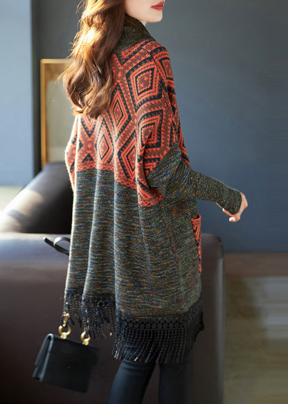 Plus Size Brown Turtle Neck Tasseled Print Knit Sweater Dress Fall