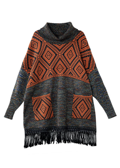 Plus Size Brown Turtle Neck Tasseled Print Knit Sweater Dress Fall